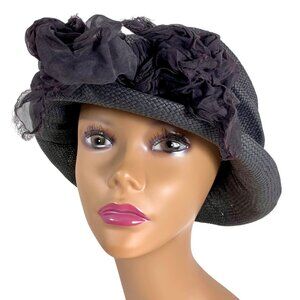 VTG Black Woven Raffia Floppy Cloche Hat Floral Chiffon Bow Accent By Zoey 90s